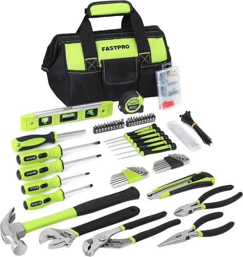 FASTPRO Juego de herramientas de reparación del hogar de 215 piezas con bolsa de almacenamiento abierta de boca ancha de 12 pulgadas, kit de Verde