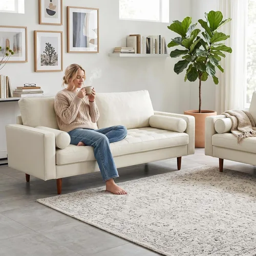 Miniatura 11 de Container Furniture Direct Womble Mid Century Modern Couch with Bolster Pillows, PU Leather Upholstered Tufted Seat, Versatile Retro Design for