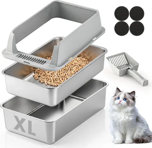 Miniatura 8 de Caja de Arena Tamizadora de Acero Inoxidable para Pellets de Pino, Caja de Arena para Gatos con Tamiz, Lado Alto para Gatos Pequeños, Anti-Fugas