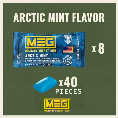 Miniatura 2 de MEG - Goma de mascar de energía militar 100 mg de cafeína por pieza + aumenta la energía + aumenta el rendimiento físico + paquete de 8