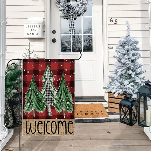 Miniatura 3 de Bandera de jardín de árboles de Navidad de búfalo rojo de bienvenida, 12 x 18 pulgadas, vertical, de doble cara, a cuadros, color rojo, decoración