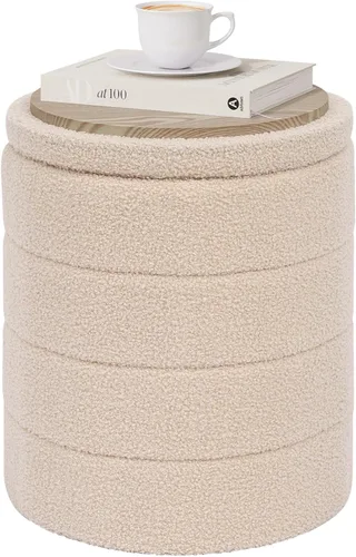PINPLUS Otomana de Almacenamiento Redonda Reposapiés Taburete con Bandeja de Terciopelo Sherpa Otomana de Almacenamiento Plegable, Reposapiés Boucle
