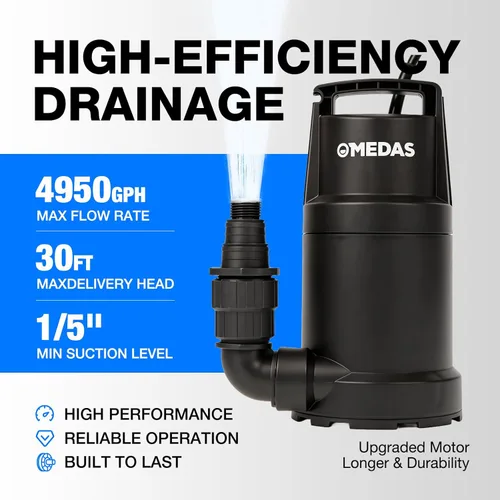 Miniatura 2 de MEDAS Bomba de sumidero portátil para piscina, estanque de jardín, eliminación de agua en el sótano con cable de alimentación de 10 pies 1HP