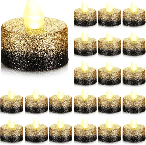 Retisee 48 velas LED sin llama, velas falsas eléctricas con purpurina dorada y negra para centros de mesa, funciona con pilas, decoraciones de
