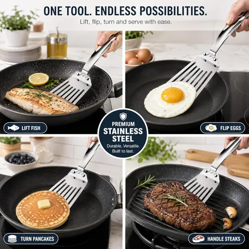 Miniatura 3 de KSENDALO Espátula de metal para peces, volteador de huevos de acero inoxidable, muy fina pero resistente, flexible para voltear peces delicados
