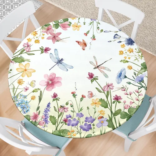 Mantel redondo ajustable floral de primavera y verano con mantel elástico impermeable para exteriores, cubierta de mesa lavable para interiores y
