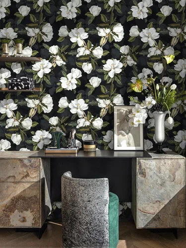 Miniatura 2 de HAOKHOME Papel tapiz floral para despegar y pegar, papel de pared de magnolia extraíble, color negro/blanco/verde, papel de contacto autoadhesivo