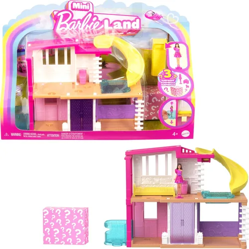 Barbie Mini juegos de casa de muñecas BarbieLand, mini casa de ensueño con muñeca sorpresa de 1.5 pulgadas, muebles y accesorios, además de ascensor