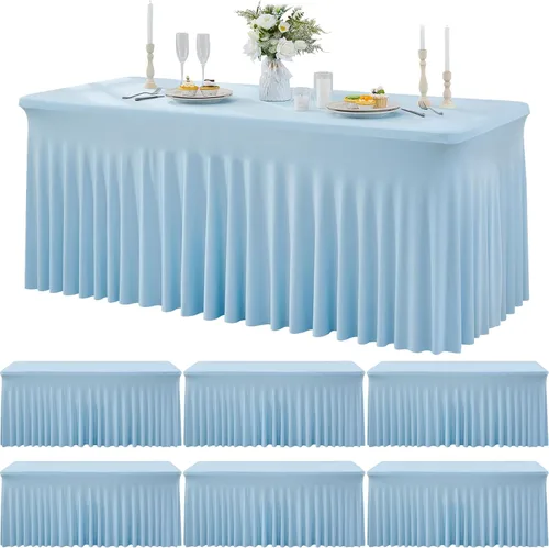 Miniatura 43 de Paquete de 2 manteles de spandex para mesas rectangulares de 8 pies, mantel elástico rosa de 8 pies, manteles ajustados, falda de mesa para fiestas