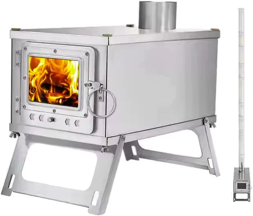 Miniatura 2 de Estufa de leña portátil para acampar con mochila y tubo de chimenea de 8.6 pies; ligera y plegable para tienda de campaña, caza, pesca en hielo
