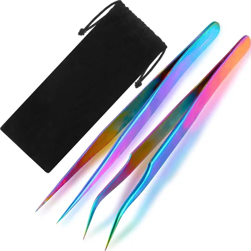 Miniatura 11 de Hotop 2 Piezas Pinzas de punta recta y curva para extensiones de pestañas, Herramientas de aplicación de pestañas postizas de acero inoxidable rosa.