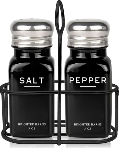 Juego de saleros y pimienteros negros con soporte de Brighter Barns - decoración de cocina estilo granja, elementos esenciales para cocina moderna,