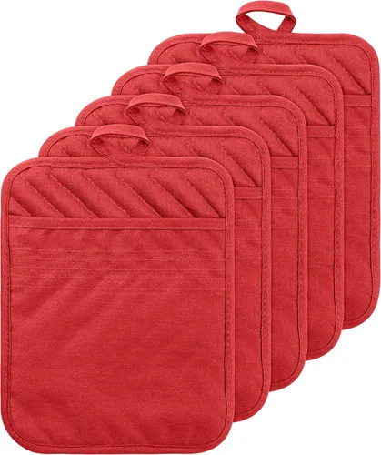 Miniatura 9 de Juego de 5 agarraderas de algodón con bolsillo para cocina, resistentes al calor, lavables a máquina, almohadillas calientes, guantes de horno a