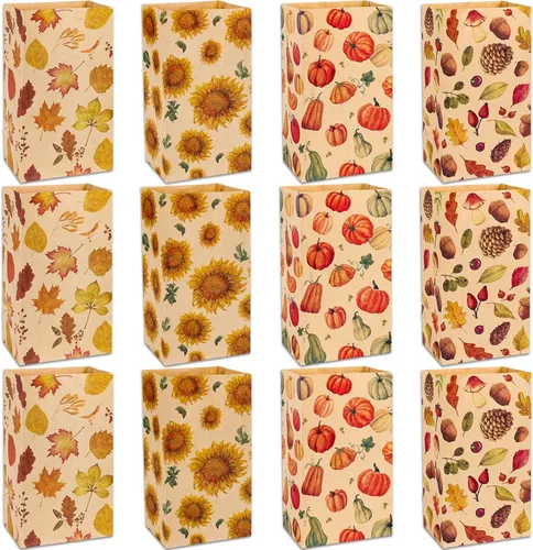 Miniatura 8 de Whaline 48 bolsas planas de otoño para golosinas, papel kraft, calabazas, hojas de arce, girasoles, nueces, bolsa de regalo para regalos de fiesta