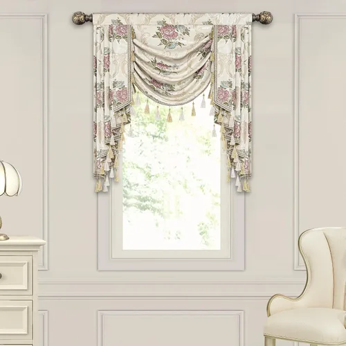 Miniatura 40 de Loom and Mill Cenefa de cascada de lujo de jacquard para sala de estar, elegantes cenefas de ventana con festones y cuentas damascadas, cortinas