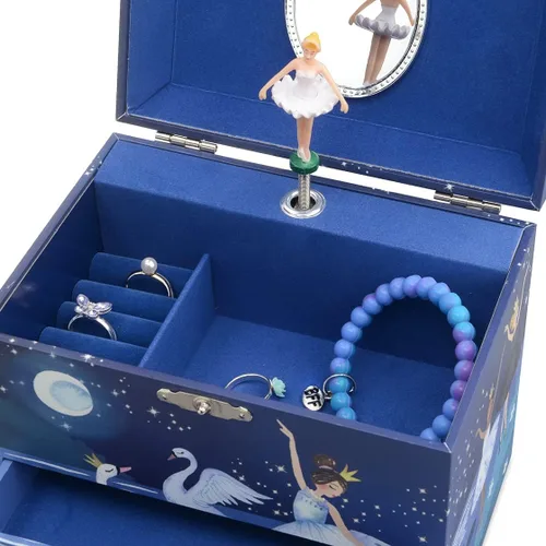 Miniatura 4 de Jewelkeeper Joyero musical de bailarina con 2 cajones extraíbles, diseño de purpurina, tono de lago de cisne, Metal Madera