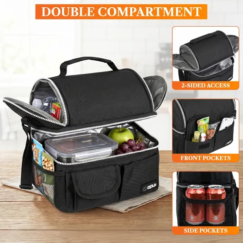 Miniatura 5 de Opux - Bolsa de almuerzo aislada de doble compartimento para hombres y mujeres Bolsa de almuerzo reutilizable con correa para el hombro, forro
