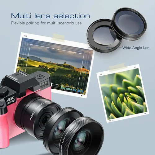 Miniatura 5 de Cámaras digitales para fotografía con control WiFi y aplicación, cámara de vlogging Ture 4K y 48MP para YouTube, compacta, enfoque automático de Rosa