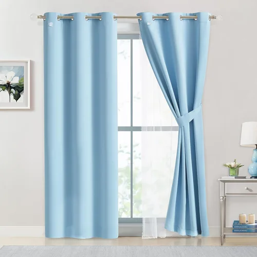 Miniatura 3 de Bujasso- 2 cortinas 80% blackout azul cielo c/capa superpuesta traslúcida, doble capa térmica y aislante p/mezclar y combinar, parte superior