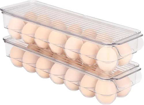 Miniatura 7 de Sea Team Soporte para huevos de plástico transparente para refrigerador, contenedor apilable para huevos con 2 bandejas extraíbles, dispensador