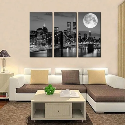 Miniatura 3 de Biuteawal Arte de pared de horizonte de Nueva York, puente de Brooklyn, luna y vista nocturna, lienzo impreso en lienzo de ciudad en blanco y negro