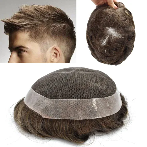 Miniatura 15 de Toupee para hombres, postizos, sistema de reemplazo de cabello de encaje francés para hombres, pieza de pelo polivinílico para hombres, sistema