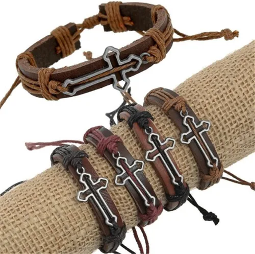 Miniatura 7 de brazalete negro con forma de cruz de cuero genuino para hombre