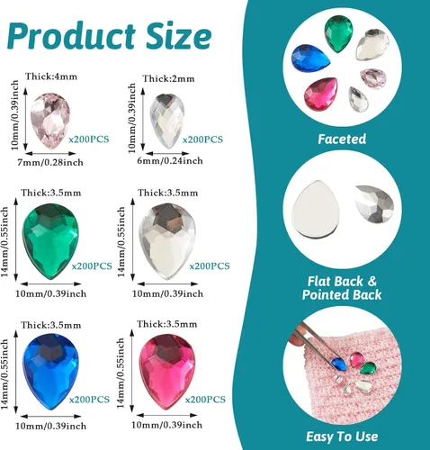 Miniatura 3 de Pandahall - 1200 unidades de diamantes de imitación para coser en forma de lágrima, diamantes de imitación de cristal con parte trasera plana