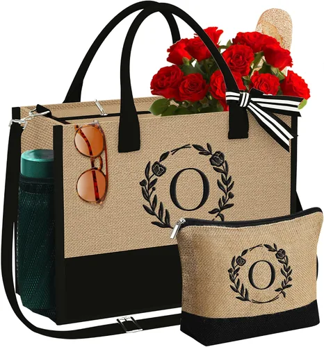 Miniatura 14 de YOOLIFE Regalos personalizados para mujeres, bolsa de yute con inicial y bolsa de maquillaje, regalos de cumpleaños para mujeres, mamá, esposa