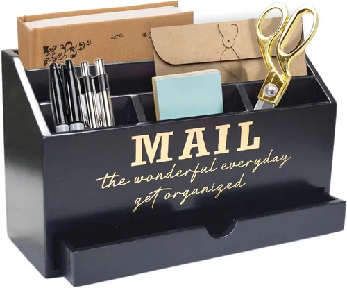 Miniatura 5 de EXQUIDECA Soporte rústico negro de madera para almacenamiento de correo de encimera con cajón y compartimentos - Accesorios de escritorio de oficina