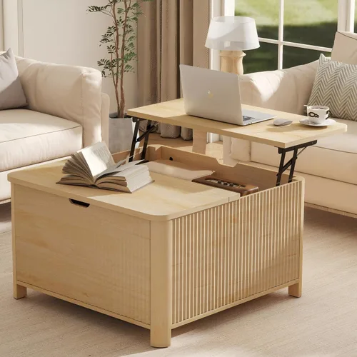 Miniatura 9 de LYNCOHOME Mesa de Centro con Tapa Elevable Acanalada con Almacenamiento, Mesa de Centro Moderna para Sala de Estar, Oficina en Casa (Natural)