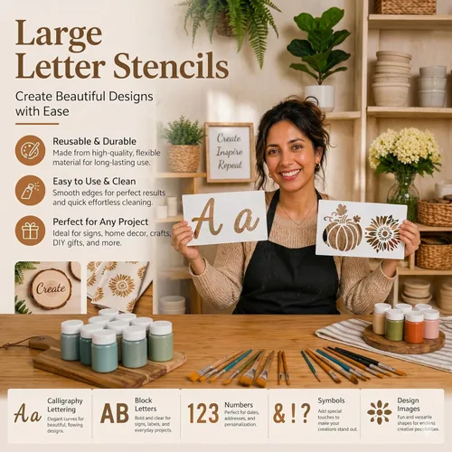 Miniatura 2 de DLY Lifestyle Plantillas de letras grandes para pintar sobre madera, 50 plantillas de alfabeto y números para manualidades reutilizables, letras