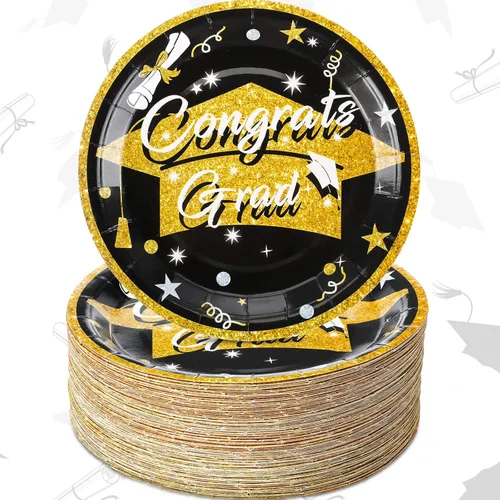 Sabary 100 platos de postre de papel de graduación 2026, color negro, 7 pulgadas, suministros para fiesta de graduación, platos de clase de 2026,