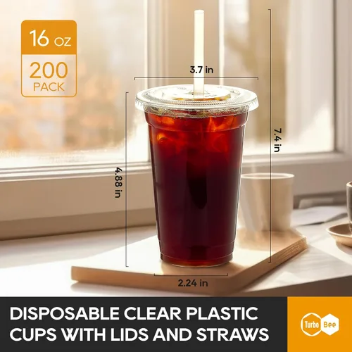 Miniatura 2 de Turbo Bee 200 juegos de vasos de plástico transparente de 16 onzas con tapas y pajitas, tazas de café helado desechables para llevar con tapas