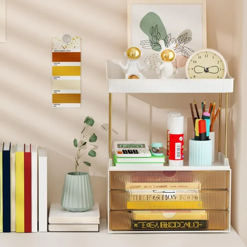 Miniatura 6 de StorBin Organizador de maquillaje de 3 cajones grandes, organizador de encimera de baño de 5 niveles y almacenamiento, organizador versátil de Ámbar