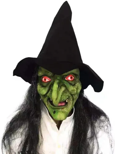 Máscara de bruja vieja de Halloween, color verde aterrador, máscara de bruja espeluznante con sombrero para el pelo, accesorio para cosplay, disfraz