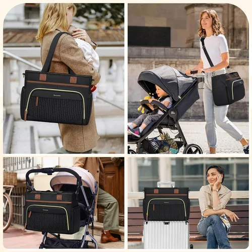 Miniatura 2 de RAINSMORE Bolsa de pañales, bolsa grande para pañales impermeable, bolsa de pañales multifunción con estuche para chupete y cambiador Negro