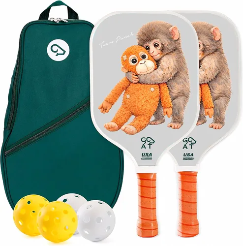 Miniatura 8 de Juego de 2 palas de pickleball Goat, incluye 4 bolas para interiores y exteriores y bolsa de viaje, juego de raquetas de pickleball de fibra de Verde