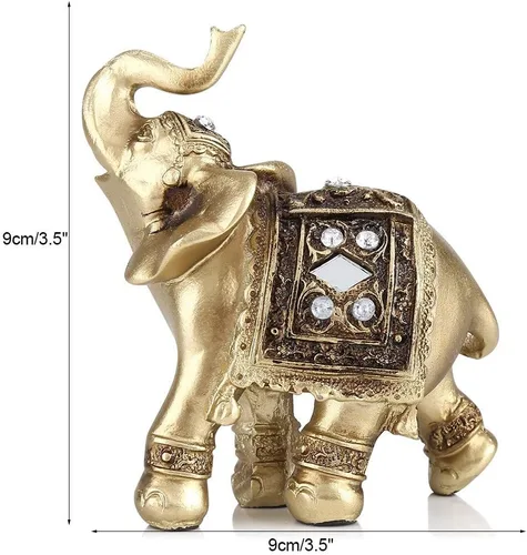 Miniatura 9 de Elegante estatua dorada de elefante, escultura respetuosa con el medio ambiente, fortuna para regalos de decoración del hogar (9 x 9)