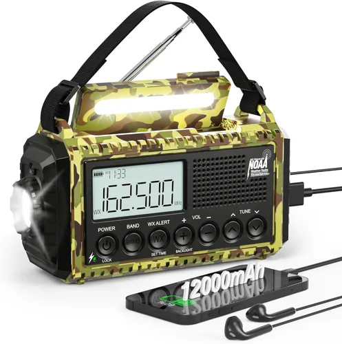 Miniatura 8 de Radio meteorológica de emergencia, manivela solar, funciona con pilas, radio de onda corta AM FM portátil con alerta NOAA, linterna, lámpara de Rojo
