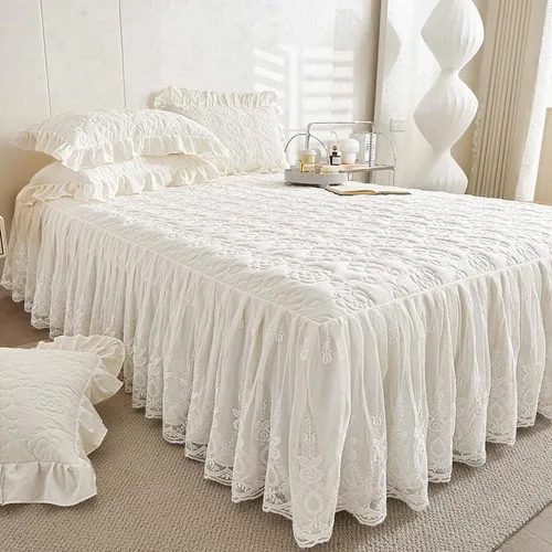 Miniatura 2 de Colcha acolchada de algodón brocado con patrón de flores, falda de cama con volantes, tamaño Queen, beige