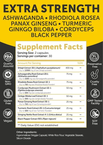 Miniatura 6 de Lunakai Cápsulas puras de Shilajit fabricadas en Estados Unidos con Ashwagandha, Rhodiola y Cordyceps - Extracto de Shilajit extra fuerte