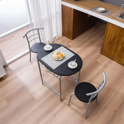Miniatura 5 de Juego de mesa redonda y sillas de madera para cocina, comedor, 3 piezas, con marco de metal y estante de almacenamiento, bistró, pub, desayuno, Negro