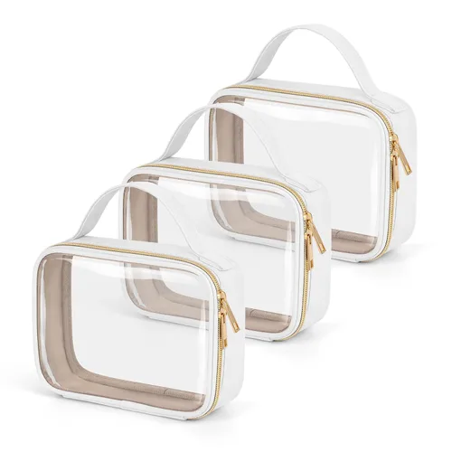 Miniatura 28 de Bolsa de aseo transparente Wedama, paquete de 2 bolsas de maquillaje transparentes con asas, bolsas cosméticas de PVC para mujeres y hombres, bolsas
