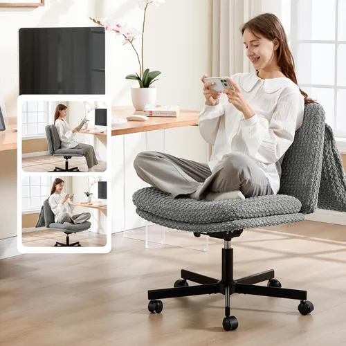 Miniatura 10 de Fizzin Silla cruzada sin brazos, con ruedas cruzadas, asiento de espuma viscoelástica con cojín de respaldo abatible, silla giratoria de respaldo