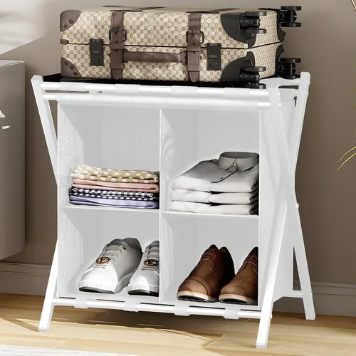 Miniatura 12 de Huhote Portaequipajes para habitación de invitados, soporte plegable para maleta con estante de almacenamiento de tela, soporte para equipaje