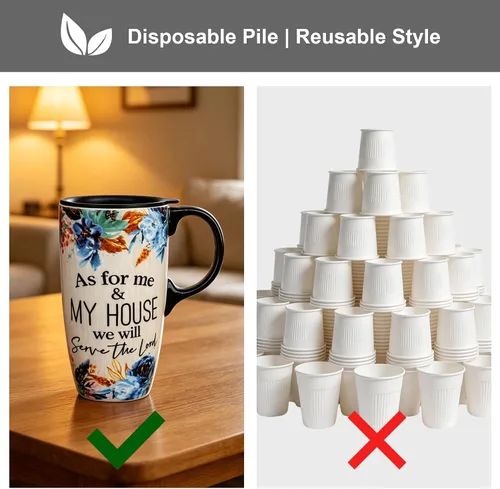 Miniatura 9 de Topadorn Taza de viaje de cerámica con tapa y asa para los amantes del café, tapa resistente a salpicaduras - Vaso para llevar para portavasos de En