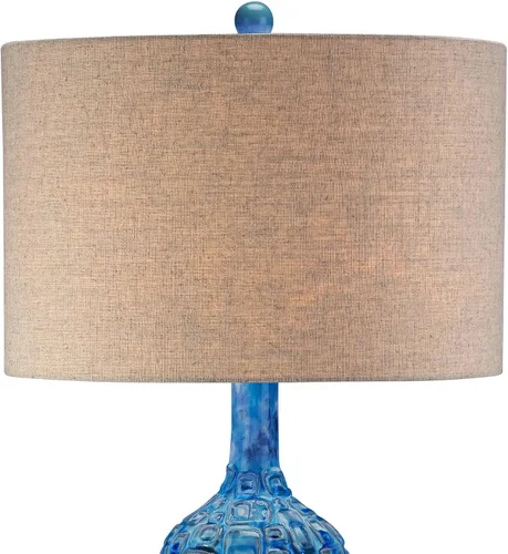 Miniatura 8 de Possini Euro Design Lámpara de mesa de estilo moderno de mediados de siglo, azulejos de cerámica, color verde azulado alto, tela de lino tostado