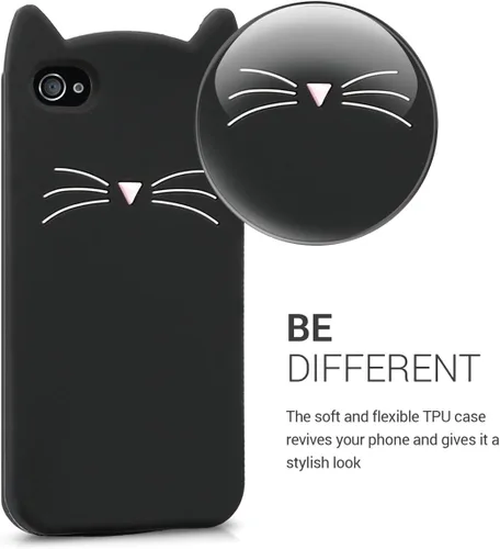 Miniatura 3 de kwmobile Funda compatible con Apple iPhone 4 y 4S - Cat Case Soft Cute Funda protectora de silicona - Negro/Blanco