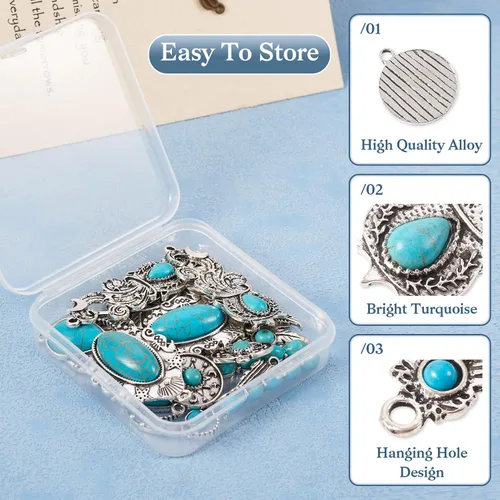 Miniatura 3 de 16 dijes occidentales de 8 estilos para hacer joyas, dijes vintage de turquesa de plata antigua, estilo tibetano, para mujeres y hombres, aretes